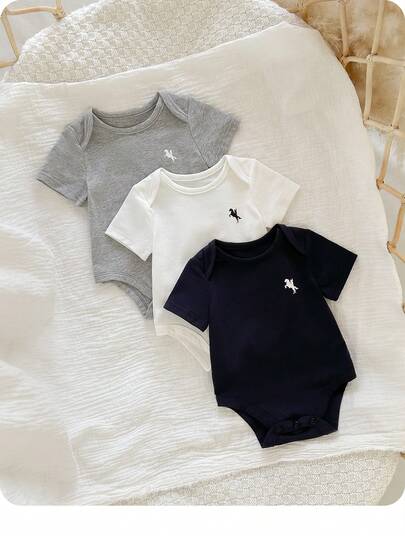 3pcs Newborn Baby Girl Cute Casual Knit Printed Short Sleeve Bodysuit Set