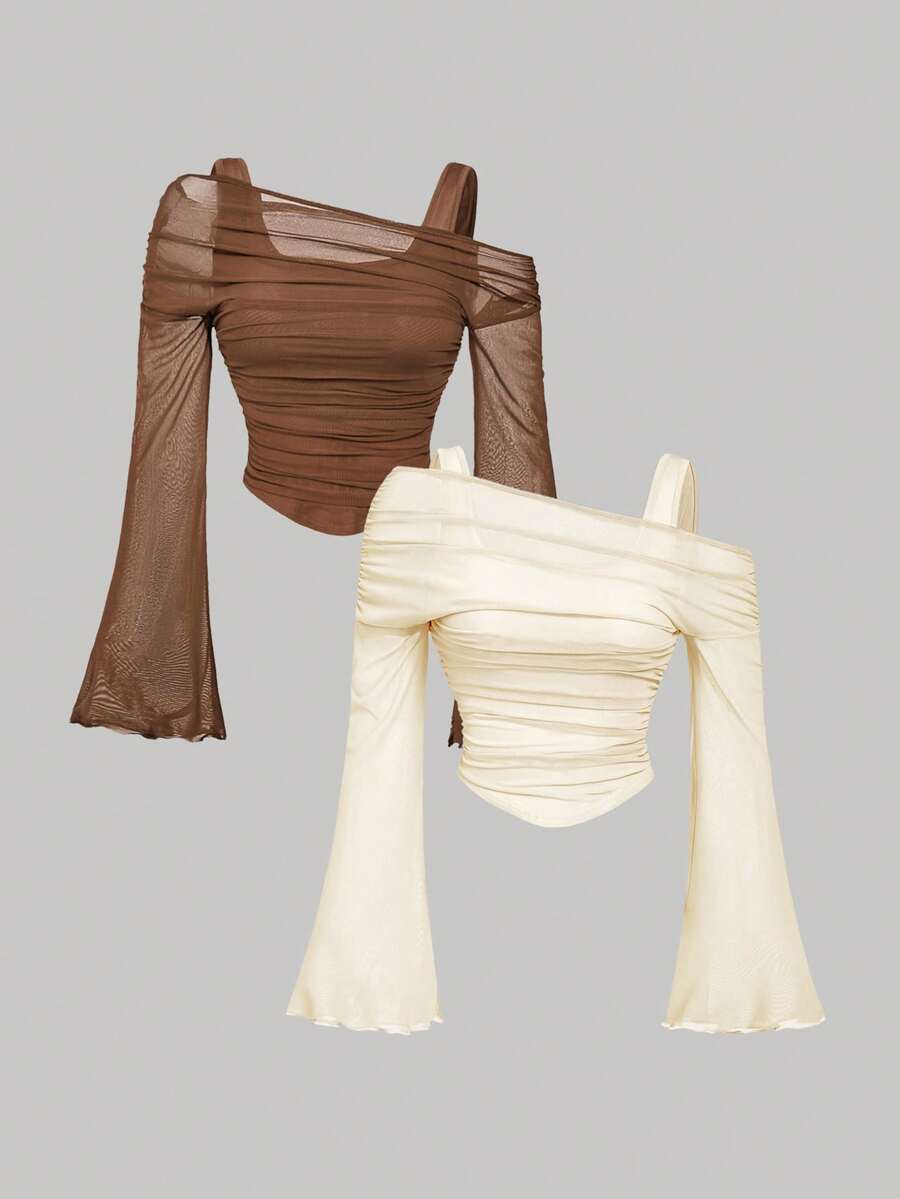 SHEIN MOD 2pcs Set Solid Color Asymmetric Shoulder Flare Sleeve 2 In 1 T-Shirt Off Shoulder Mesh Top Sheer Tops Bell Sleeve Tops Ruched Top - Apricot - View 1