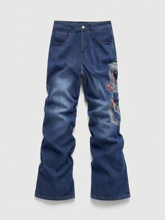Street Life بنطلون جينز رجالي فضفاض بساق واسعة مع نمط تنين صيني على الجيب