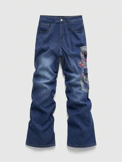 Street Life Men's Chinese Dragon Pattern Pocket Wide Leg Loose Casual Jeans