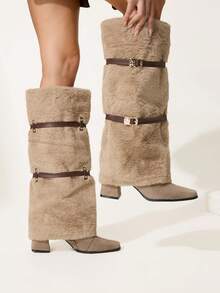 CUCCOO CHICEST Women's Fashionable Commuter Fuzzy Buckle Thick High Heel Knee-High Boots For Christmas - Khaki - View 7