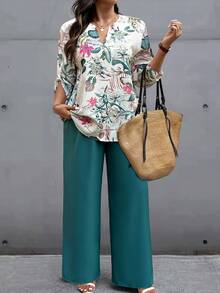 SHEIN LUNE 大码女式热带植物印花荷叶袖衬衫和裤子休闲两件套 - 彩色 - 查看 3