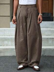 SWAVVY 男士褶裥条纹裤，带腰带环，宽松时尚 - 棕色 - 查看 8