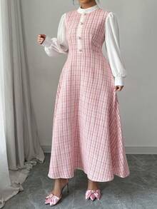 Modelyn Plus Size Tweed Woven Textured Long Sleeve Fitted A-Line Dress, Autumn/Winter - Pink - View 5