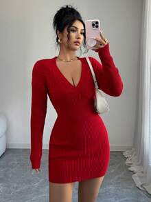 SHEIN Raffinéa Women's Solid Color V-Neck Cable Knit Elegant Waist Cinched Long Sleeve Sweater Dress, Suitable For Autumn/Winter Parties And Events Red Long Sleeve Dress Ribbed Dress Long Tight Dress Red Bodycon Dress Sexy Red Dress Women - Red - View 5