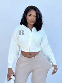 Alexandranx Women's Regular Letter Pattern Hooded Zip-Up Cardigan In Fall/Winter,Cozy Fall And Winter Clothes For Women