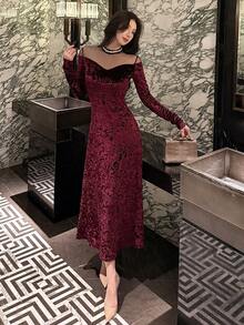 DAZY 女士网纱拼接透视长袖中长连衣裙