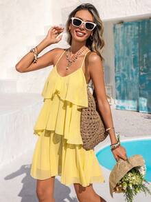 Vivid Eden Spring/Summer Outing Holiday Date Dress, Spring/Summer Casual Vacation V-Neck Spaghetti Strap Backless Multi-Layered Ruffled Hem Soft Textured Fabric Women's Cream Yellow Dress, Holiday Summer Beach Dress, Back-To-School Outfit, Very Simple Outfit, Women's Country Style, Office Wear, Old Money Style, Teacher's Outfit, Date Outfit, Graduation Season, Women's Dress, Spring/Summer Casual Dress, Summer Yellow Dress - Cream - View 5