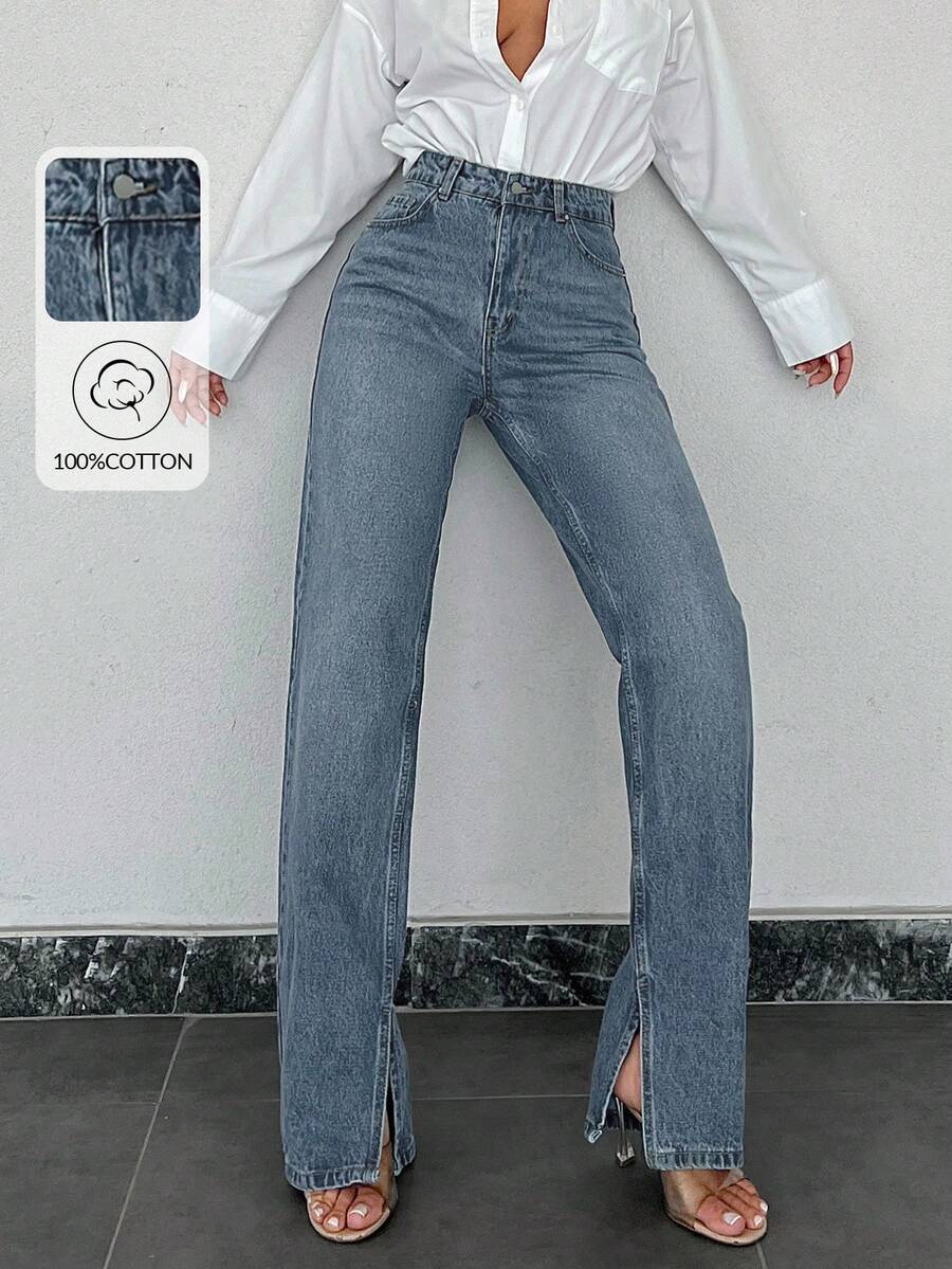 100%Cotton Split Hem Straight Leg Jeans - Light Wash - View 1