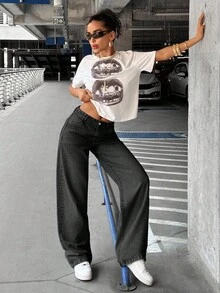 EURMUSE 90'S LOW WAIST BABY BLUE BAGGY LOOSE STRAIGHT LEG JEAN - Dark Grey - View 5