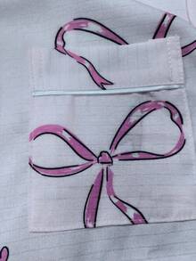 Set pigiama cardigan con colletto arricciato e fiocco rosa, set pigiama carino per ragazze pre-adolescenti per il sonno autunnale, set pigiama abbinato con camicia a fiocco rosa per ragazze pre-adolescenti - Rosa - Visualizzare 5