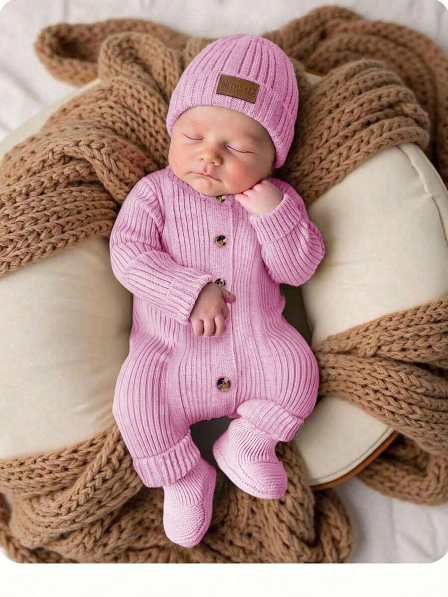 SHEIN 新生女婴可爱针织连体衣、连脚裤和帽子套装，百搭秋冬 - 粉色 - 查看 1