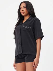 BABYPHAT Rhinestone Cat Print Short Sleeve Button Up Pajama Sleep Shirt With Collar And Chest Pocket - Black - View 7