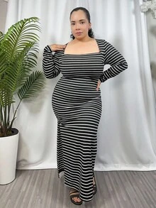 Hourglow 女士秋季服装，冬季加大码休闲条纹修身开衩长袖连衣裙 - 黑色 - 查看 5