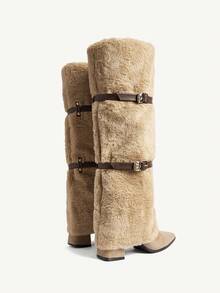 CUCCOO CHICEST Women's Fashionable Commuter Fuzzy Buckle Thick High Heel Knee-High Boots For Christmas - Khaki - View 12