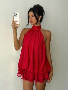 Aloruh 女士优雅红色情人节露背系带迷你连衣裙 - 紅色 - 查看 4