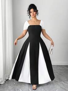 SHEIN Tall CURVE Plus Size Women's Elegant Contrast Color Tie Waist Square Neck Puff Sleeve A-Line Dress - Multicolor - View 3