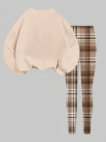 卡其色休闲经典几何格纹蝴蝶结印花，少女舒适柔软保暖圆领长袖卫衣和打底裤套装，适合日常穿着、街头风和居家休闲。 - 彩色 - 查看 3