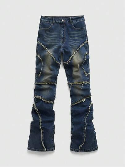 ROMWE MEN Calça jeans masculina casual para o dia a dia, com lavagem especial, barra desfiada, bolsos laterais sobrepostos e modelagem flare.