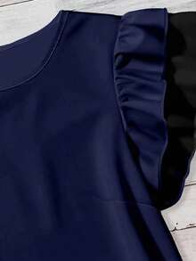 Mellowie Áo sơ mi nữ cổ bèo màu trơn, kiểu dáng thường ngày, thích hợp cho đi làm và mùa hè. - Màu xanh lam - Xem 5