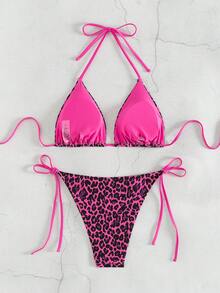 SHEIN Swim 2pcs Women's Summer Beach Leopard Print Halter Tie Sexy Bikini Swimsuit Set, Random Print - Hot Pink - View 4