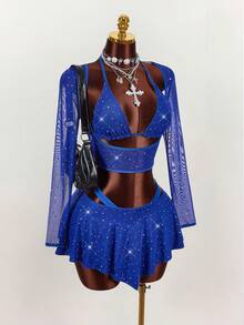 Amplova 两件套：亮片装饰性感紧身长袖露脐上衣和紧身倒V领迷你裙 - 寶藍色 - 查看 6