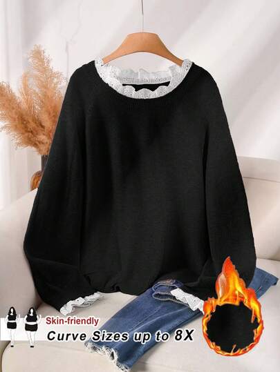 SHEIN CURVE+ סוודר נשים עם צווארון עגול וטלאי תחרה מזדמן גדול בצבע ורוד