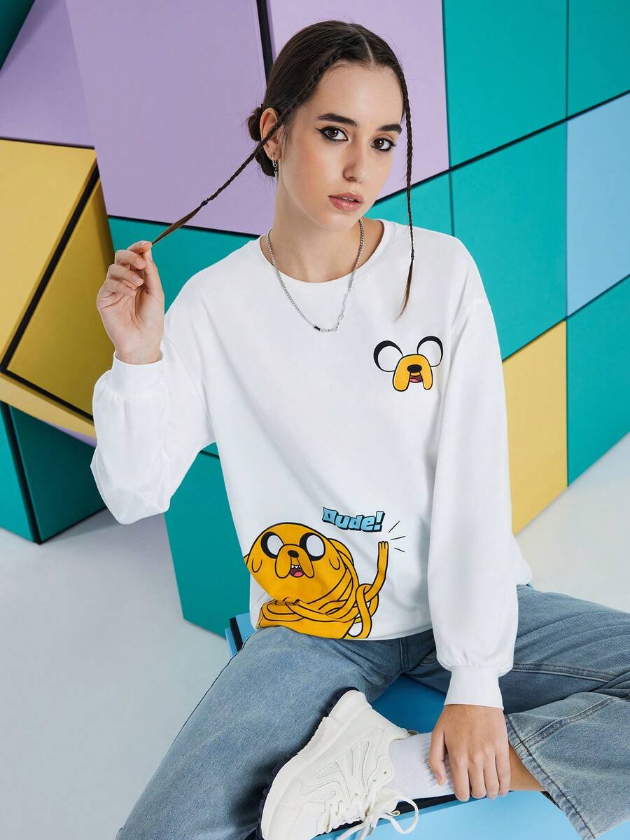 ADVENTURE TIME X SHEIN Women Casual Cartoon & Letter Print Dropped Shoulder Loose Long Sleeve White T-Shirt, Spring & Autumn