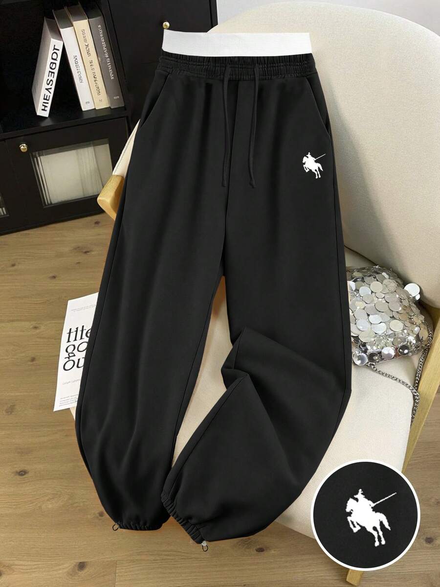INAWLY 女式撞色抽绳腰带骑士印花口袋宽松休闲慢跑裤 - 黑色 - 查看 1