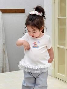 DAZY Toddler Girls' Casual Round Neck Letter Print Ruffle Hem T-Shirt