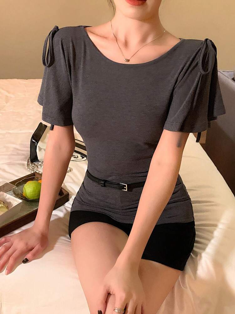 Women's Ruched Tie Front Summer T-Shirt Spring