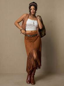 Freevana 大码波西米亚风麂皮流苏半身裙，休闲假日风 - 棕色 - 查看 7