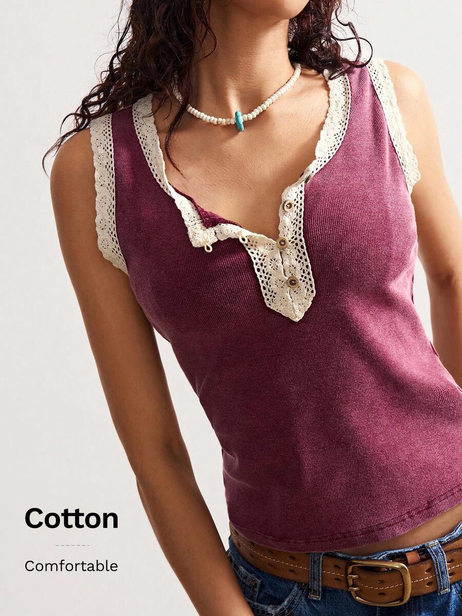 Bohemela Áo tank top dệt kim ôm dáng, màu trơn, viền ren, phong cách nghỉ dưỡng, cổ điển Boho Mỹ. - Màu Đỏ Sâu - Xem 1