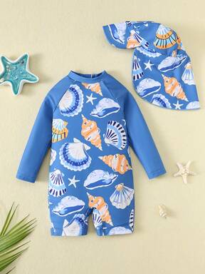 SHEIN Conjunto de 2 piezas de bañador unisex para bebé con diseño de conchas y mariscos en colores contrastantes, que incluye camiseta de protección solar de manga larga y gorro, adecuado para vacaciones, playa, surf, ropa de baño para bebé