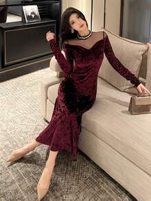 DAZY 女士网纱拼接透视长袖中长连衣裙