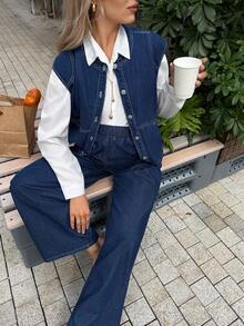 SHEIN 孕妇休闲通勤无袖牛仔上衣 情人节度假穿搭 女装 嘉年华 夏季春季通勤 毕业季 时尚 Y2K 可爱 街头风 派对 婚礼 优雅 商务休闲 女装 - 藍色 - 查看 1