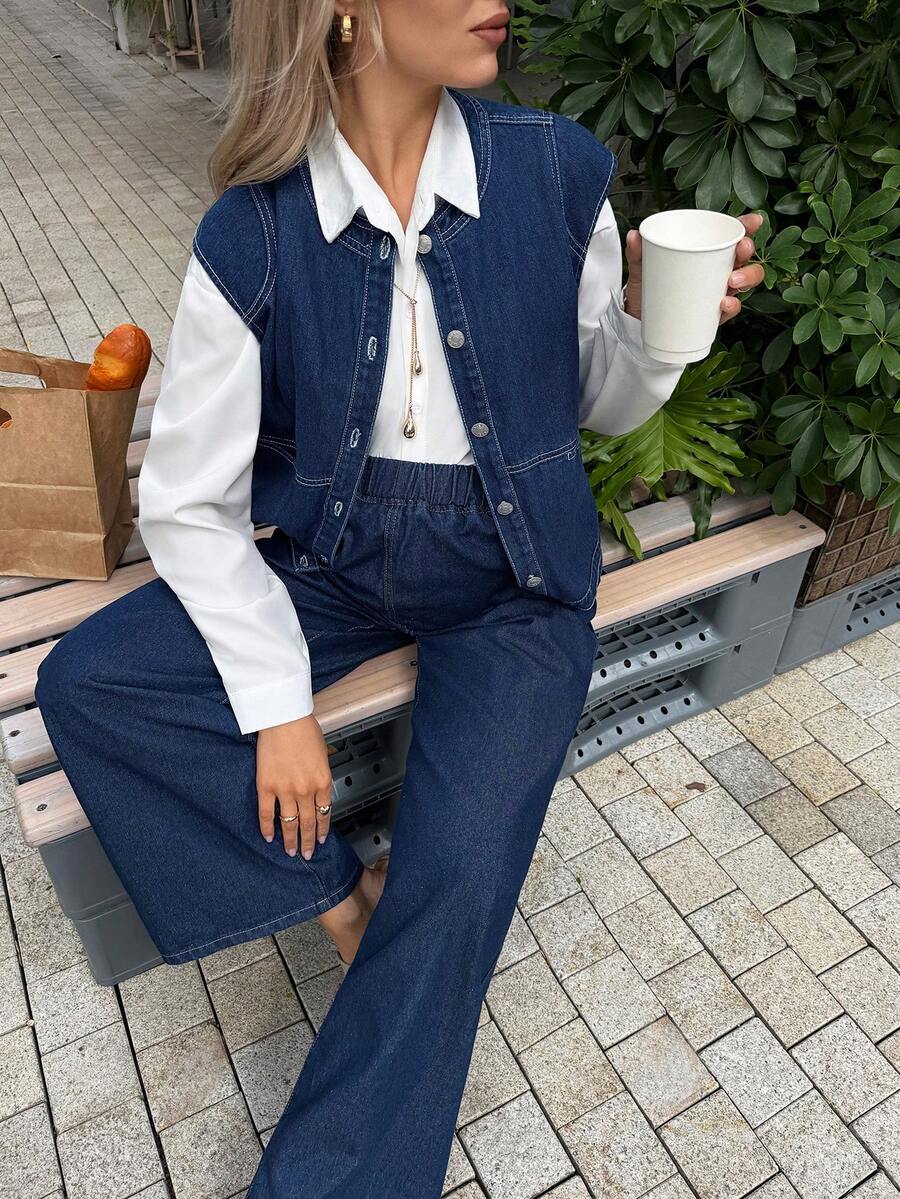 SHEIN 孕妇休闲通勤无袖牛仔上衣 情人节度假穿搭 女装 嘉年华 夏季春季通勤 毕业季 时尚 Y2K 可爱 街头风 派对 婚礼 优雅 商务休闲 女装 - 藍色 - 查看 1