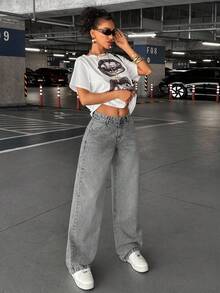 EURMUSE 90'S LOW WAIST BABY BLUE BAGGY LOOSE STRAIGHT LEG JEAN - Grey - View 6