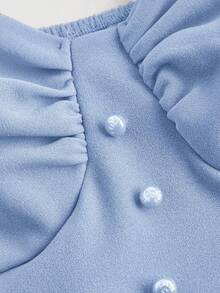 SHEIN MOD Đầm nữ không tay, xếp ly ở ngực, cài cúc và có bèo nhún ở gấu, thích hợp cho sinh nhật. - Màu xanh lam - Xem 3