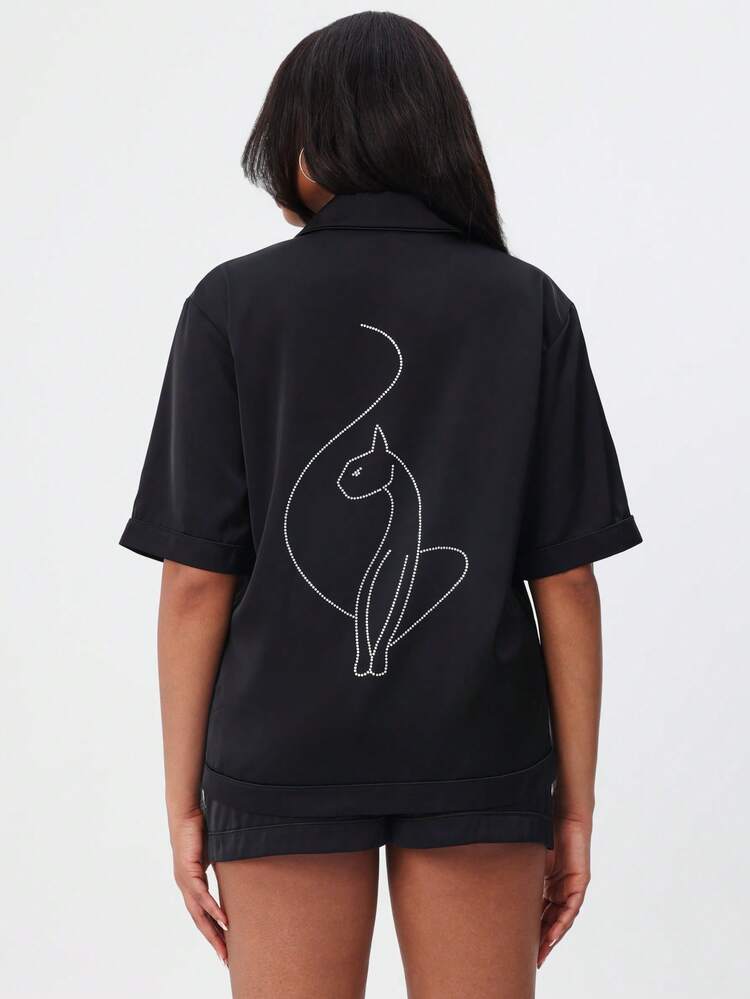 BABYPHAT Camisa de Pijama com Botões de Manga Curta com Estampa de Gato com Strass, Colarinho e Bolso no Peito