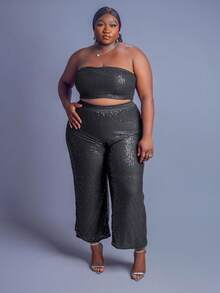 CurvyTilda Plus Size Women Solid Color Elastic Waist Wide Leg Loose Sequin Pants, For Hourglass Body Shape - Black - View 6