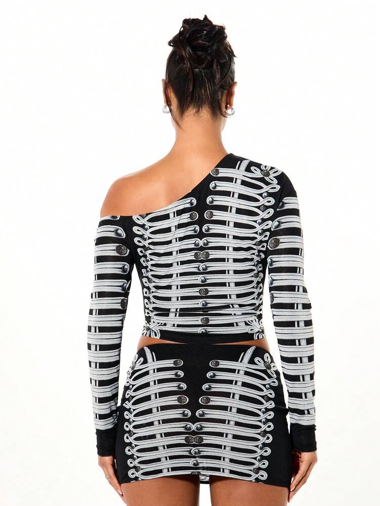 SUMWON WOMEN Off Shoulder Mesh Top With Epilette Print