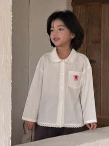 DAZY Young Girl Lace Patchwork Cartoon Applique Long Sleeve Blouse Shirt Spring - White - View 4