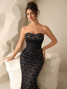 Coutiva Elegant Evening Gown,Luxury Slim Fit Strapless Lace Corset Dress, Floral Sequin Tube Top Bustier Formal Dress For Wedding,Ball,Graduation Ceremony - Black - View 8