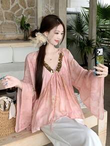 DAZY Women's V-Neck Ombre Long Sleeve Elegant Blouse, Spring/Autumn Vacation - Baby Pink - View 2