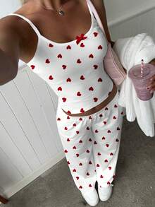 Aloruh 2pcs Women's Summer Casual Heart Allover Print Bow Tie Spaghetti Strap Top And Pants Set, Valentine's Day Outfit, Suitable For Valentine's Day Date, Y2K - Multicolor - View 8