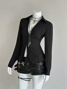 EgrlEra Women's Solid Color Regular Shoulder Long Sleeve Front Button Casual Shirt - Black - View 4