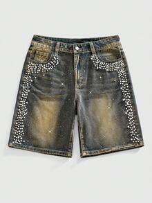 ROMWE MEN Street Life Men's Fashionable Rhinestone & Rivet Decor Vintage Washed Denim Shorts - Medium Wash - View 1