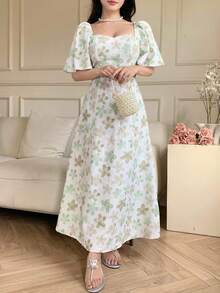 Modelyn Elegant Floral Print & Embroidery Dress, Romantic Holiday Wear - Pastel Green - View 2