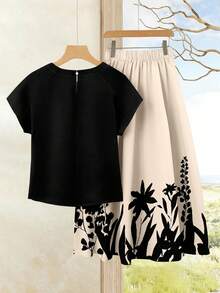 Rusticease 2件套女士度假休闲纯色上衣+印花半裙套装，女士夏季服装，夏季半裙套装，半裙上衣套装，女士半裙上衣套装，印花半裙套装 - 彩色 - 查看 4